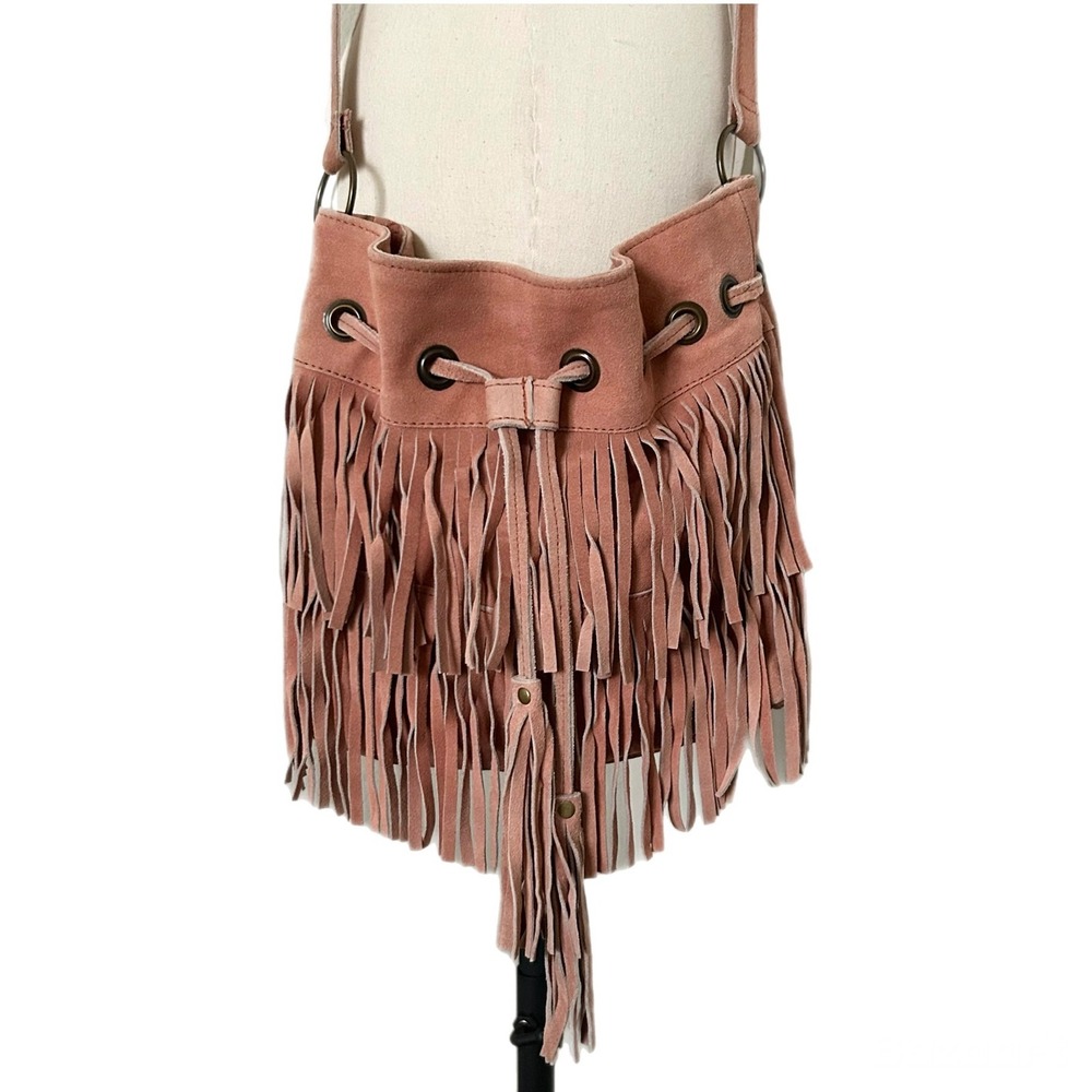 Fringe Suede Crossbody Bag 100% Cow Leather Dusty Pink Mauve Small Tassel Boho
